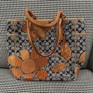 Coach Floral Patterned Tote Bag - Denim and Leather